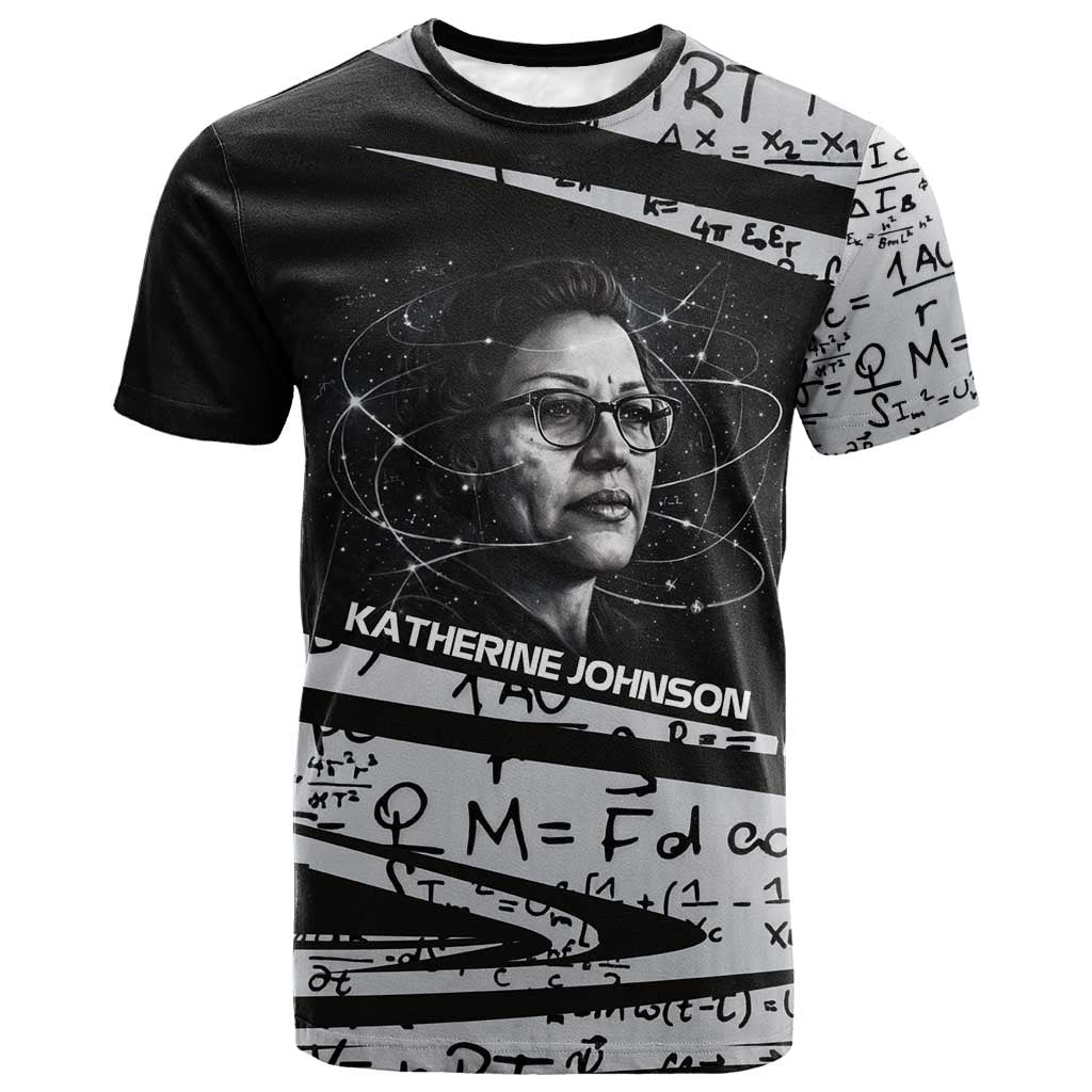 Katherine Johnson T-Shirt with Orbital Space Portrait, Historic NASA Launch Dates and Physics Graphic Tee