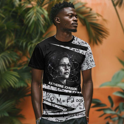 Katherine Johnson T-Shirt with Orbital Space Portrait, Historic NASA Launch Dates and Physics Graphic Tee