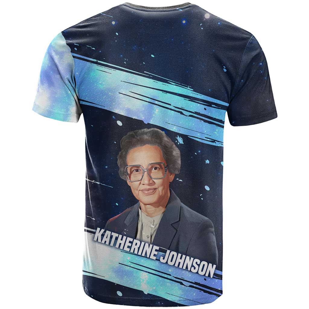 Katherine Johnson T-Shirt with Galaxy Background, Hidden No More Quote and Rocket Brain Equation Graphic Tee