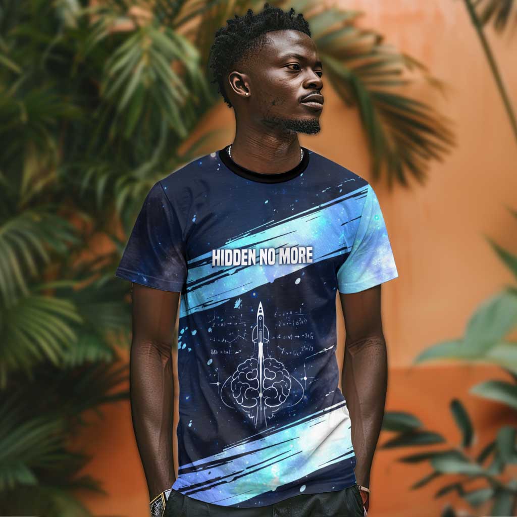 Katherine Johnson T-Shirt with Galaxy Background, Hidden No More Quote and Rocket Brain Equation Graphic Tee