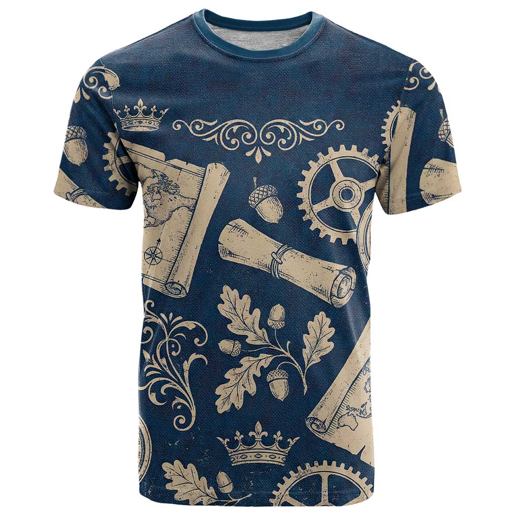 Legend 1976 Vintage Gears and Scrolls Design T-Shirt with Crown Motif in Classic Blue and Beige Retro Graphic Tee