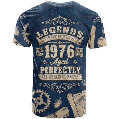 Legend 1976 Vintage Gears and Scrolls Design T-Shirt with Crown Motif in Classic Blue and Beige Retro Graphic Tee