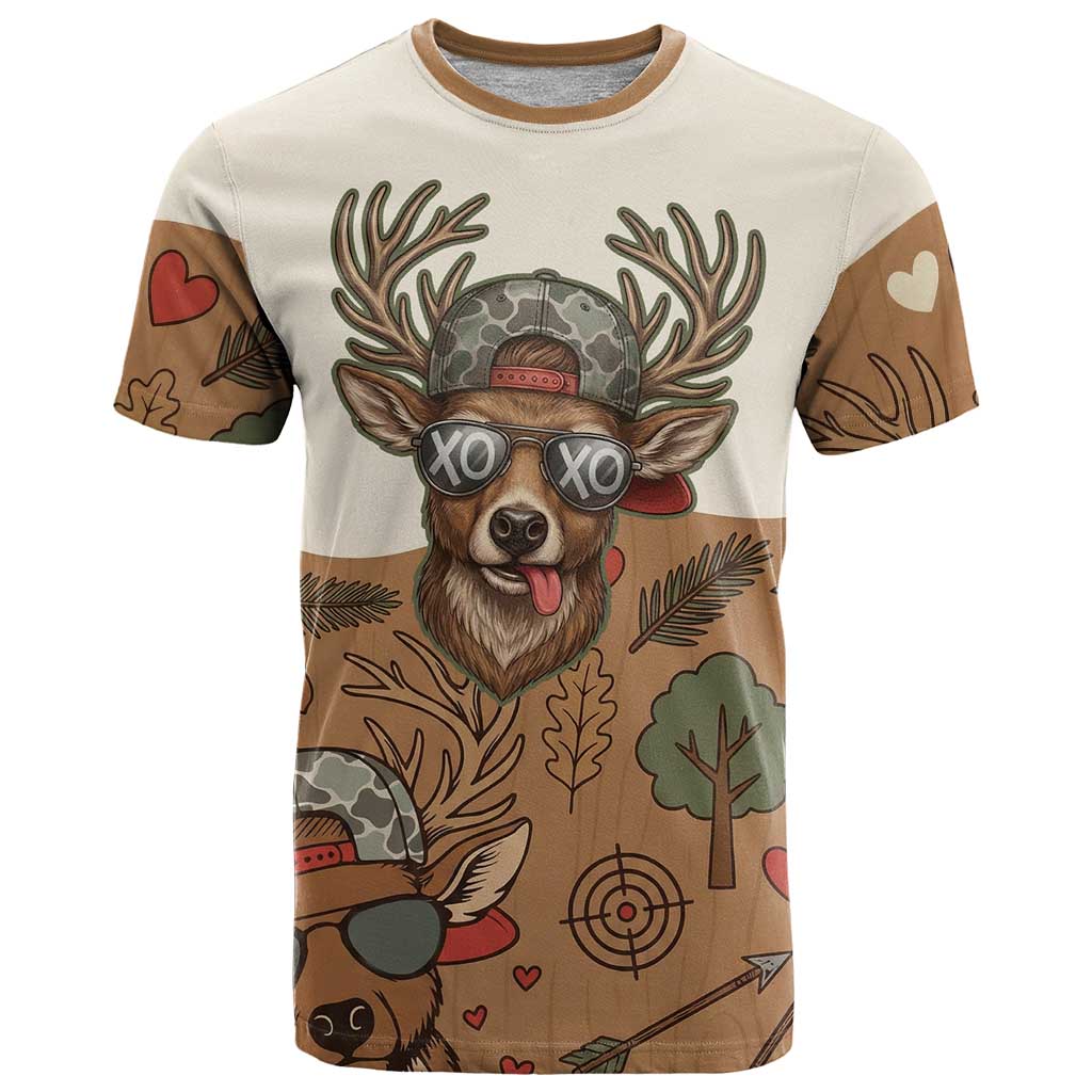 Valentine Buck T-Shirt with Camo Cap and XOXO Pattern Retro Hunting Graphic Tee