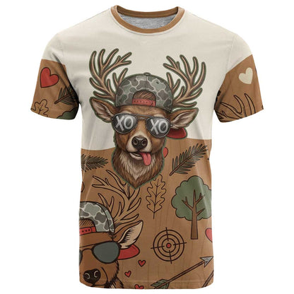 Valentine Buck T-Shirt with Camo Cap and XOXO Pattern Retro Hunting Graphic Tee