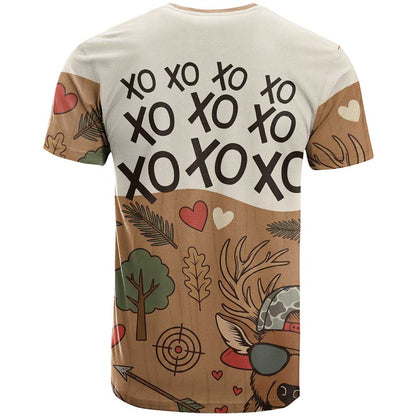 Valentine Buck T-Shirt with Camo Cap and XOXO Pattern Retro Hunting Graphic Tee