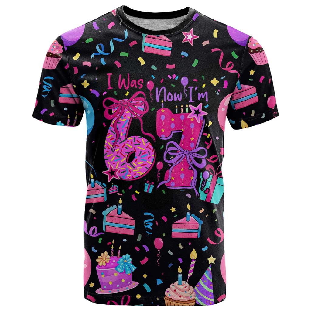 7th Birthday Girl T-Shirt with Cake Balloons Confetti and I Was 6 Now I'm 7 Graphic Tee