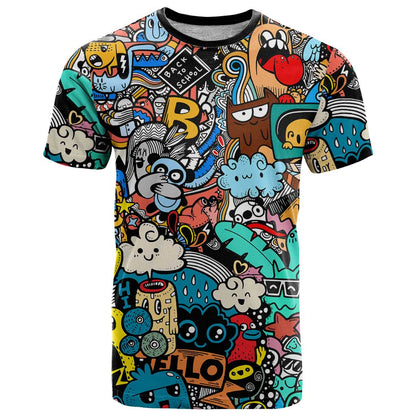 Happy Doodle Monsters Sticker Bomb T-Shirt Funny Graffiti Style Cartoon Graphic Tee