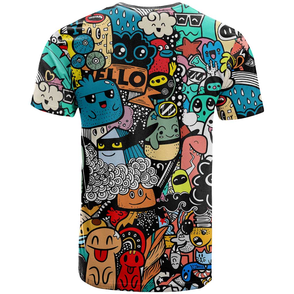 Happy Doodle Monsters Sticker Bomb T-Shirt Funny Graffiti Style Cartoon Graphic Tee