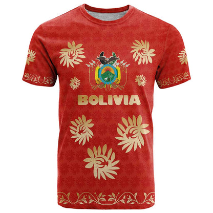 Bolivia National Emblem T-Shirt with Floral Pattern and Red Folk Design Graphic Tee