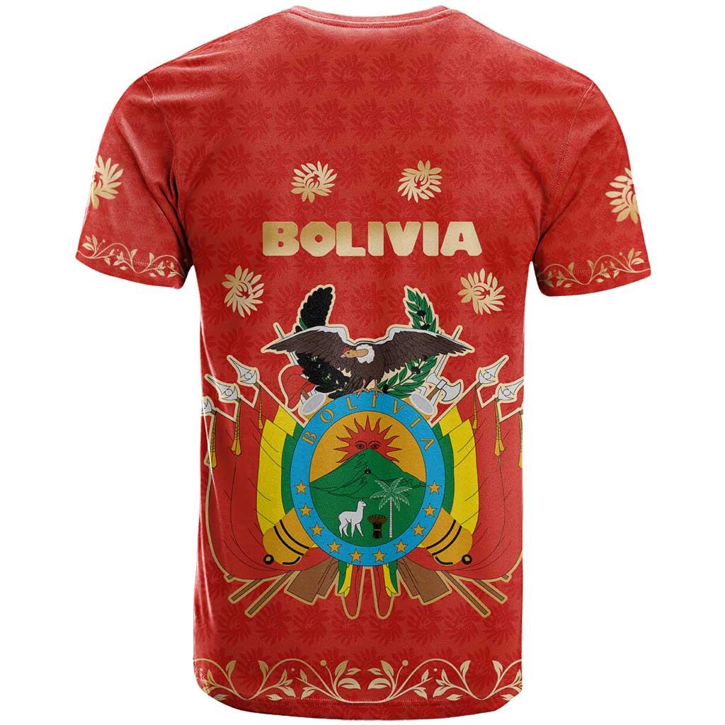 Bolivia National Emblem T-Shirt with Floral Pattern and Red Folk Design Graphic Tee