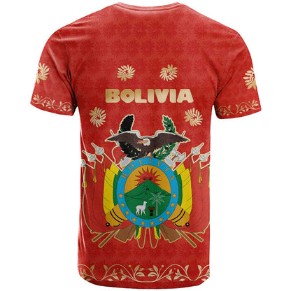 Bolivia National Emblem T-Shirt with Floral Pattern and Red Folk Design Graphic Tee