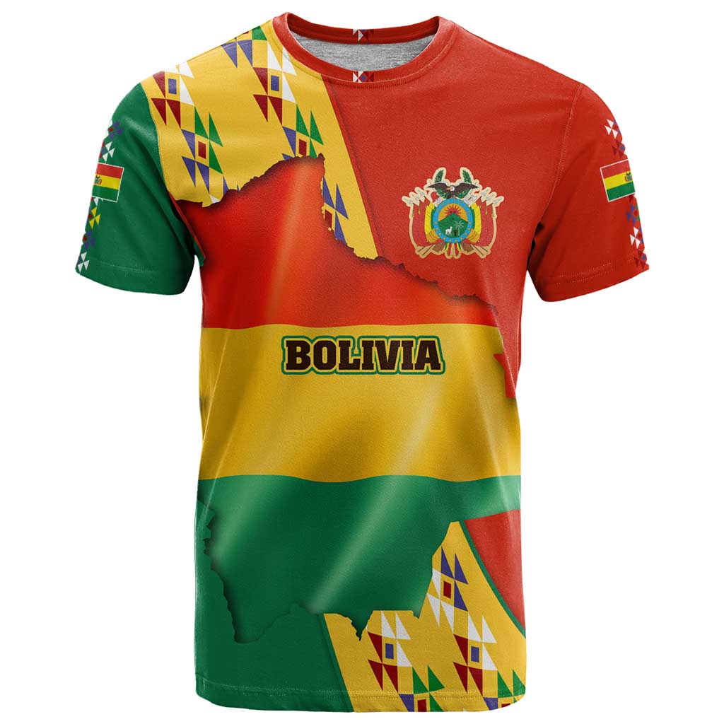 Bolivia Flag Color T-Shirt with National Crest, Andean Pattern and Condor Graphic Graphic Tee