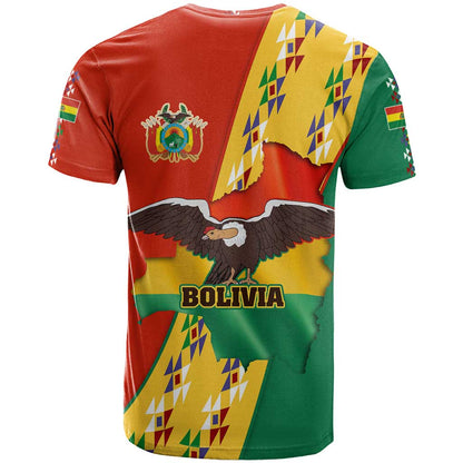 Bolivia Flag Color T-Shirt with National Crest, Andean Pattern and Condor Graphic Graphic Tee
