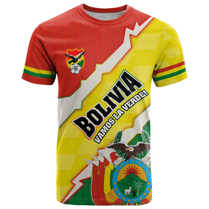 Bolivia Vamos La Verde T-Shirt with Flag Colors and National Football Crest Graphic Tee
