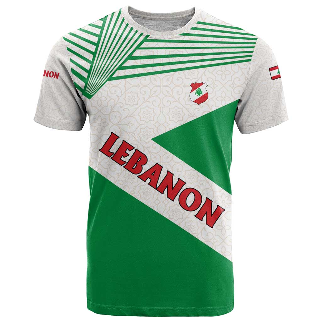 Lebanon Flag Shield T-Shirt with Cedar Emblem and National Colors Graphic Tee