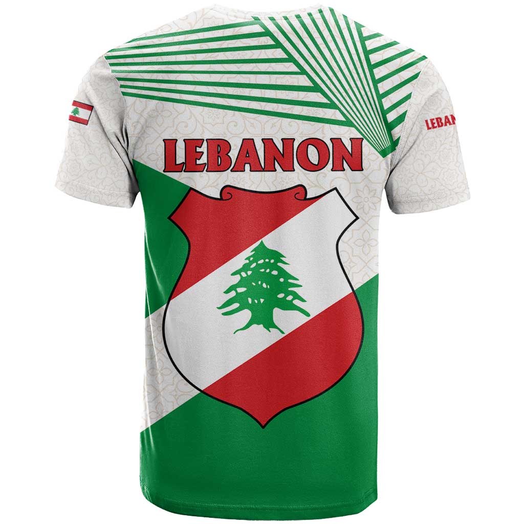 Lebanon Flag Shield T-Shirt with Cedar Emblem and National Colors Graphic Tee