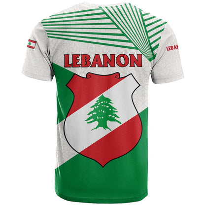 Lebanon Flag Shield T-Shirt with Cedar Emblem and National Colors Graphic Tee