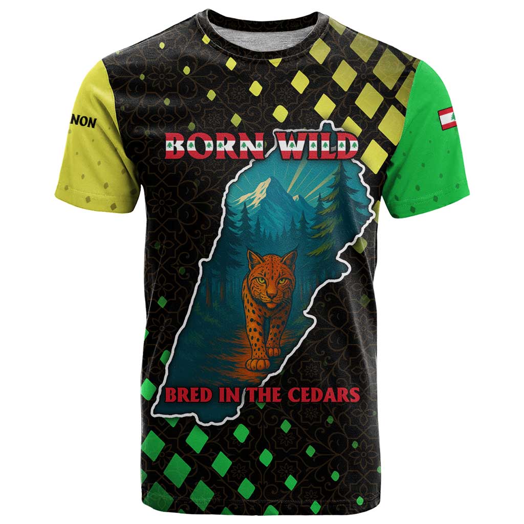 Lebanon Wild Cedar Forest T-Shirt with Leopard and National Map Design Graphic Tee