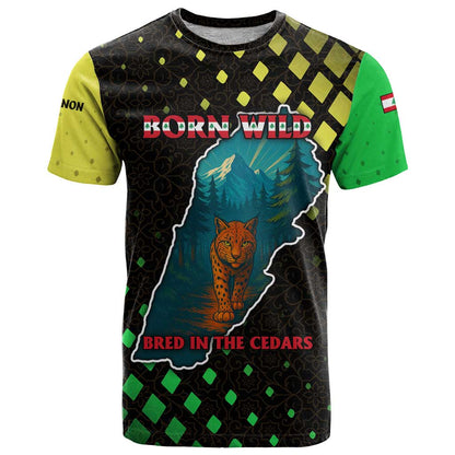 Lebanon Wild Cedar Forest T-Shirt with Leopard and National Map Design Graphic Tee