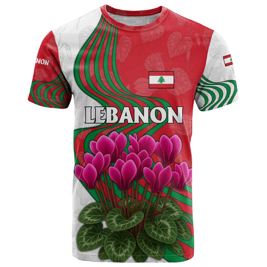 Lebanon Cyclamen Flower T-Shirt with Patriotic Colors and Inspirational Quote Graphic Tee