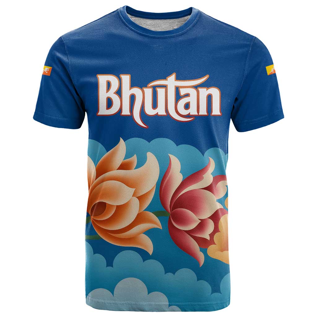 Bhutan Lotus Blossom T-Shirt with White Dragon and Sacred Cloud Harmony Graphic Tee
