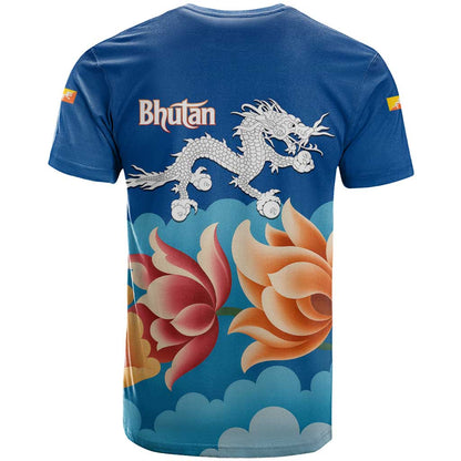 Bhutan Lotus Blossom T-Shirt with White Dragon and Sacred Cloud Harmony Graphic Tee