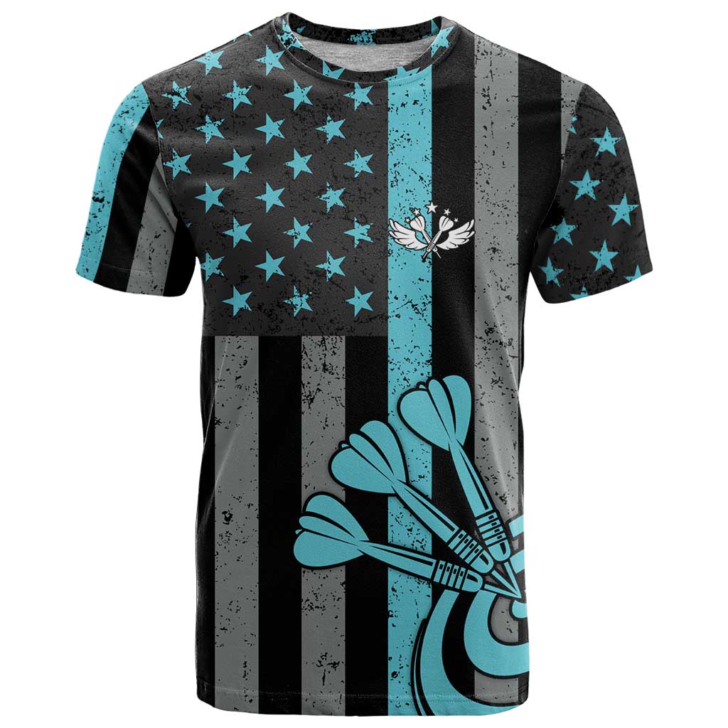 Custom Turquoise US Patriotic Darts T-Shirt Blue American Flag Pattern - Grunge Paint Splatter Graphic Tee