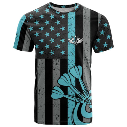 Custom Turquoise US Patriotic Darts T-Shirt Blue American Flag Pattern - Grunge Paint Splatter Graphic Tee