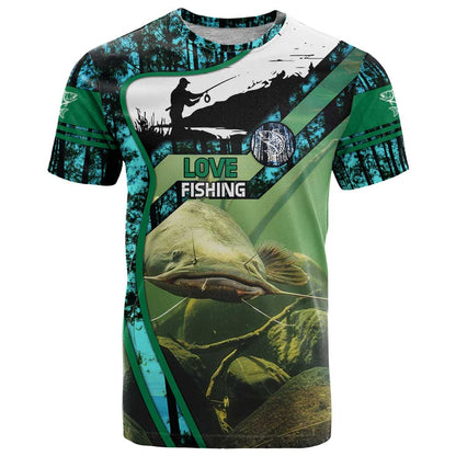 Flathead Catfish Custom Name T-Shirt Forest Silhouette and Green Blue Love Fishing Design Graphic Tee