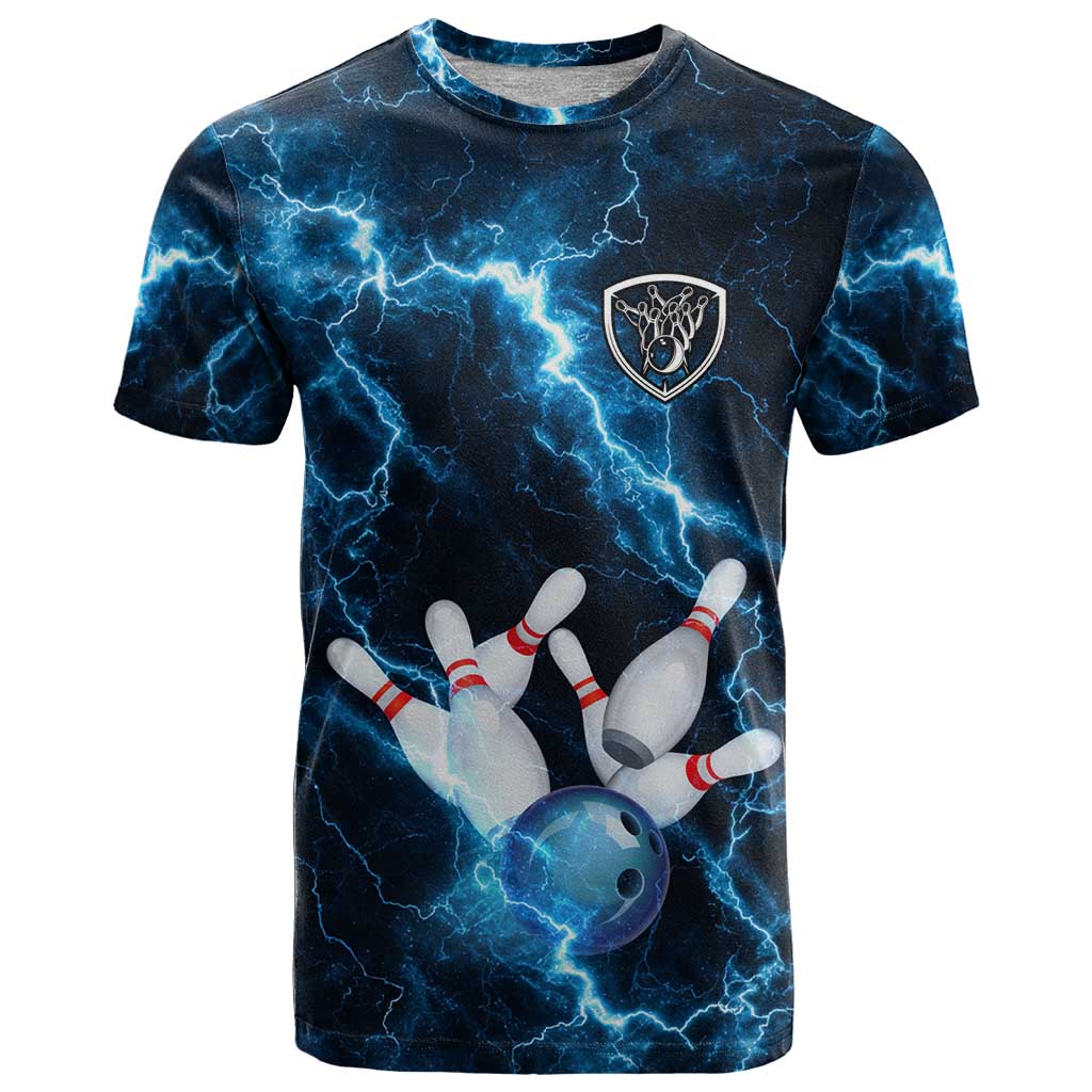 Personalized Bowling Ball Strike Graphic T-Shirt Blue Lightning Storm and Electric Energy Graphic Tee