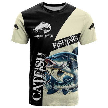 Catfish Fishing Customize Name T-Shirt Splash Effect and Black Cream Split Design Graphic Tee