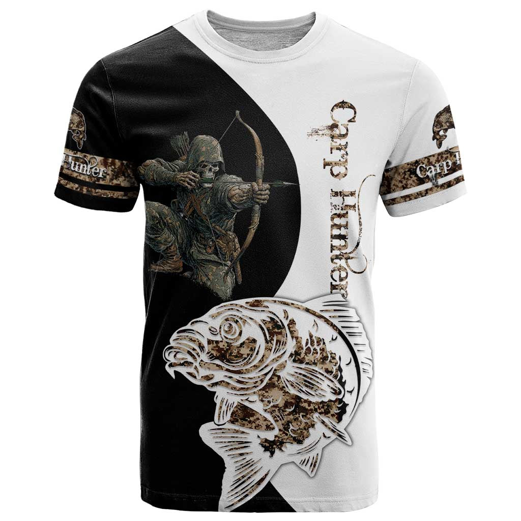 Carp Hunter Bowfishing Customize Name T-Shirt Camouflage Archer Graphic and Black White Split Layout Graphic Tee