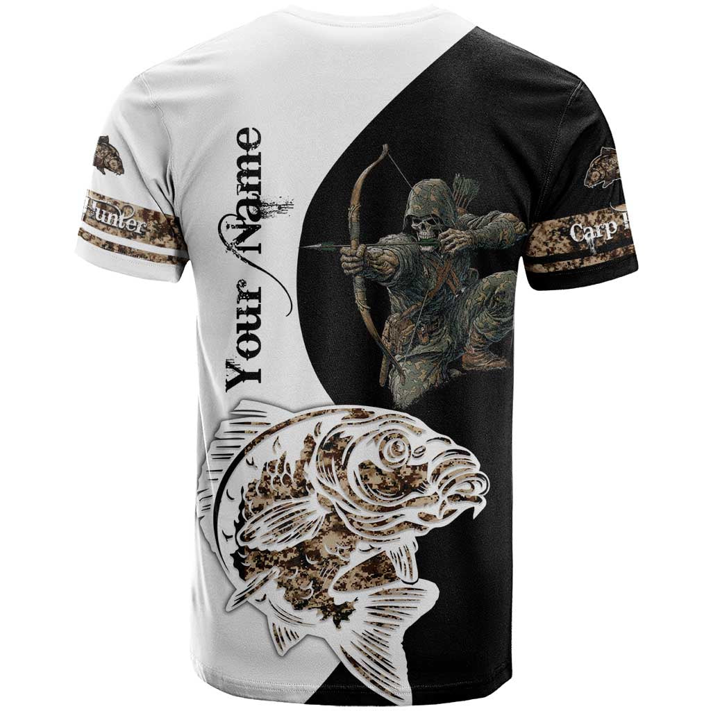 Carp Hunter Bowfishing Customize Name T-Shirt Camouflage Archer Graphic and Black White Split Layout Graphic Tee