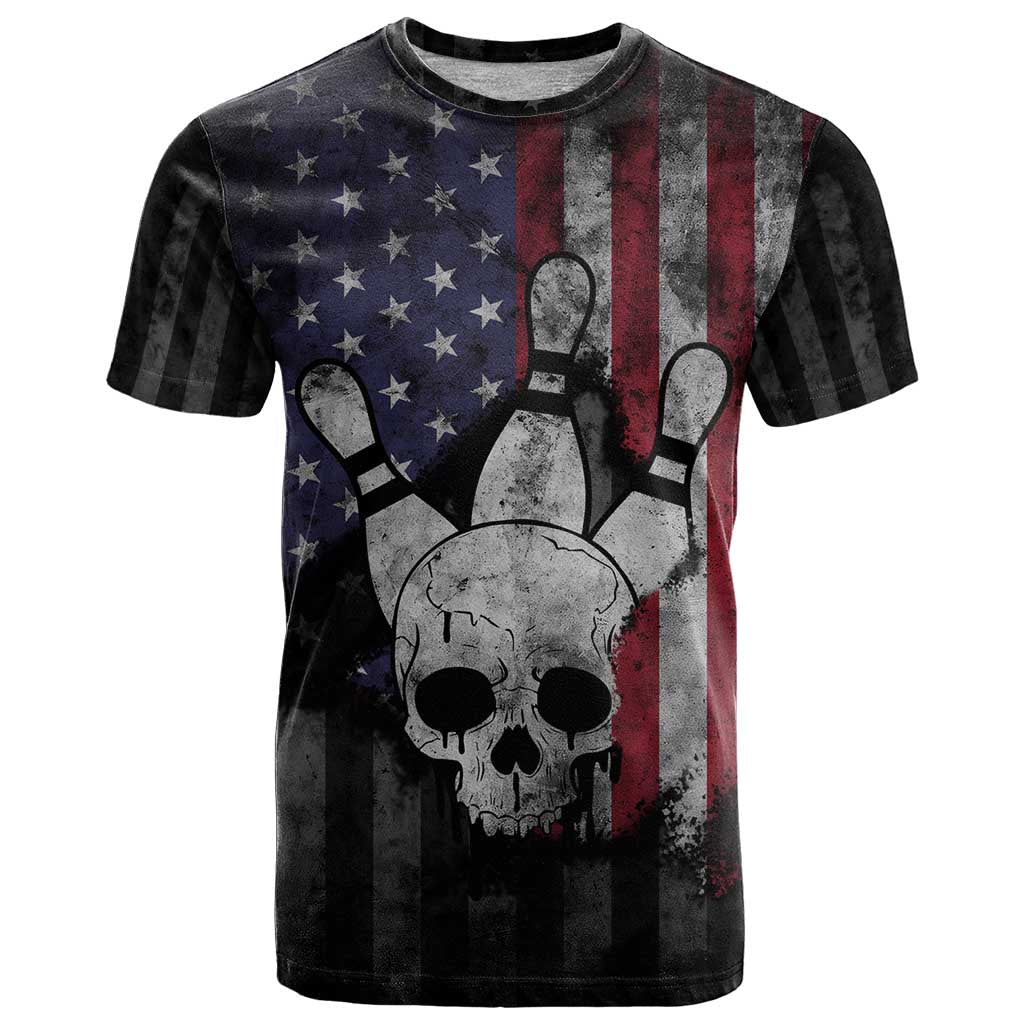 Personalized Skull Bowling T-Shirt Distressed American Flag in Dark Grunge Design Graphic Tee