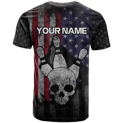 Personalized Skull Bowling T-Shirt Distressed American Flag in Dark Grunge Design Graphic Tee