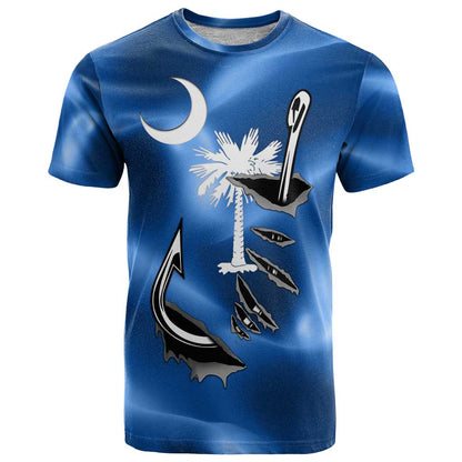 Fishing Custom South Carolina Flag T-Shirt Fish Hook Graphic in Blue Gradient Design Graphic Tee