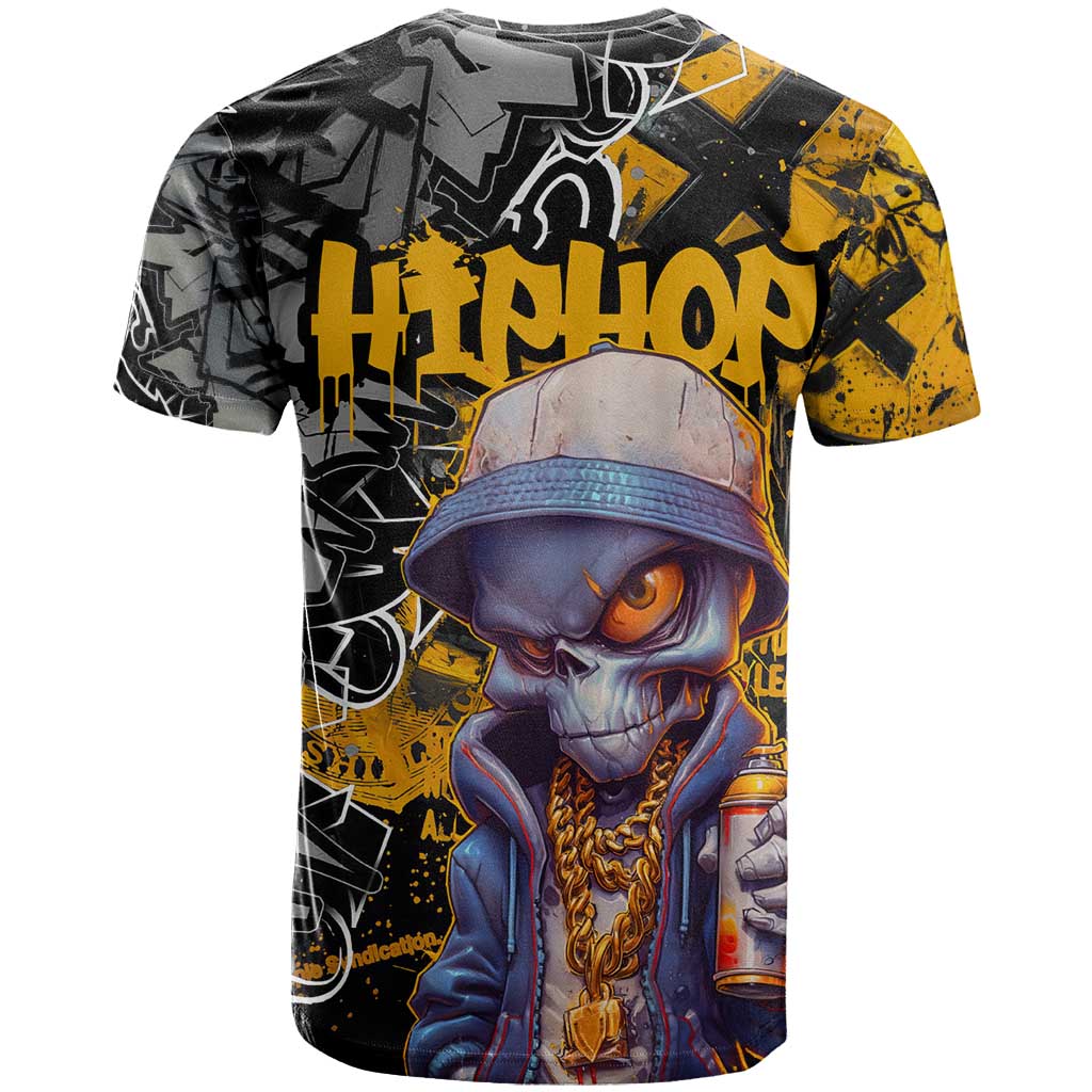 Hip Hop Street Style T-Shirt Yellow and Black Graffiti and Urban Skull Character Design Graphic Tee