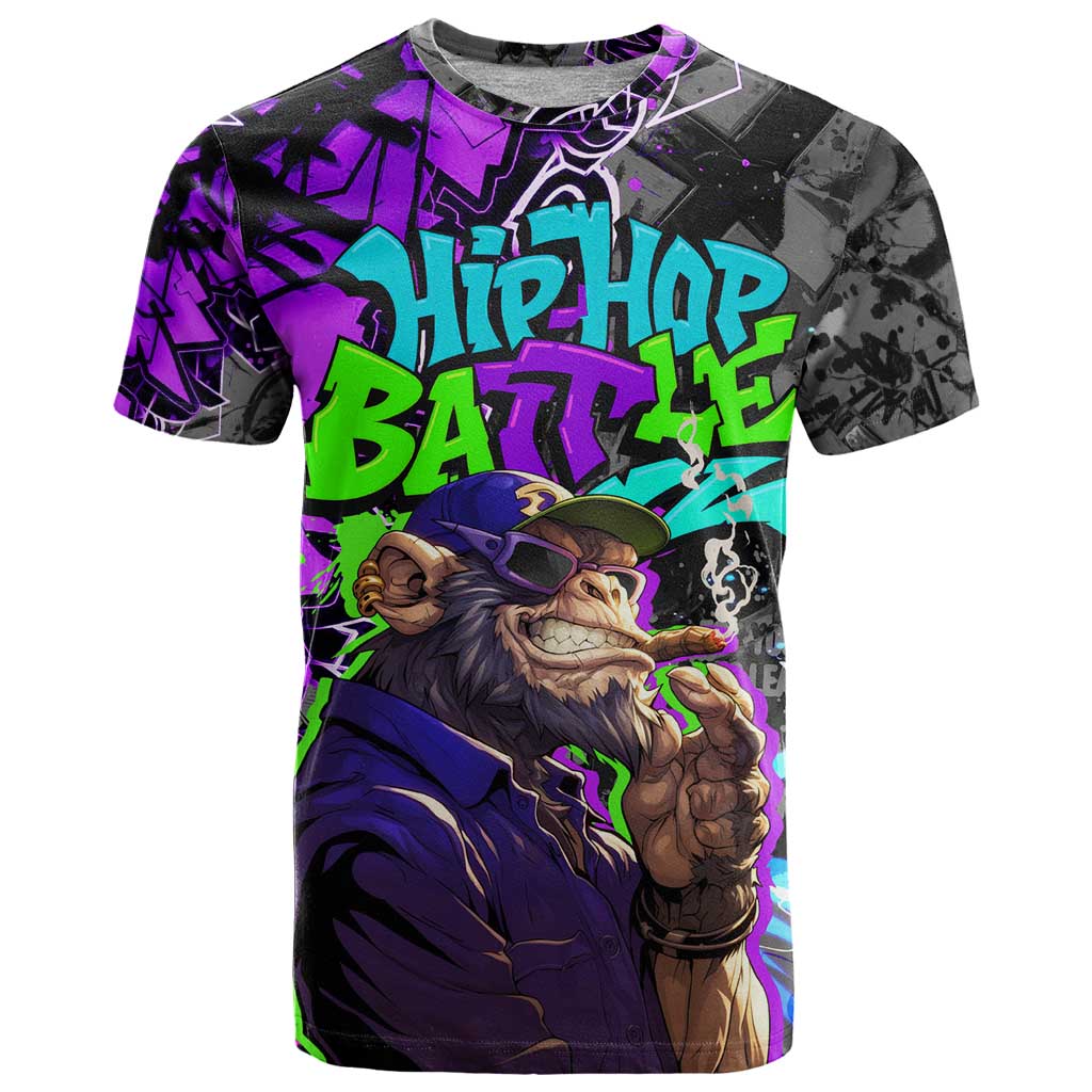 Hip Hop Battle T-Shirt Smoking Ape Character and Purple Green Graffiti Street Art Design Graphic Tee