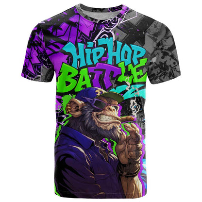 Hip Hop Battle T-Shirt Smoking Ape Character and Purple Green Graffiti Street Art Design Graphic Tee