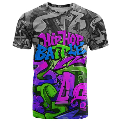 Hip Hop Battle T-Shirt Spray Can Kid Character and Colorful Graffiti Street Art Design Graphic Tee