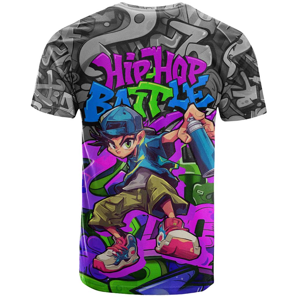 Hip Hop Battle T-Shirt Spray Can Kid Character and Colorful Graffiti Street Art Design Graphic Tee