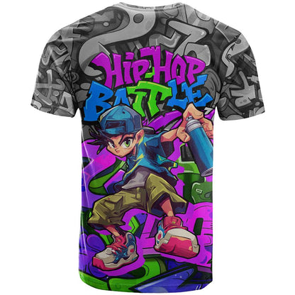Hip Hop Battle T-Shirt Spray Can Kid Character and Colorful Graffiti Street Art Design Graphic Tee