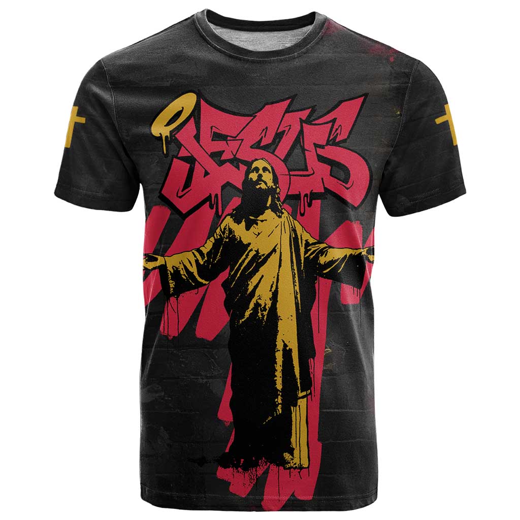 Jesus Graffiti Design T-Shirt Crowned Portrait and Urban Street Art Style in Red Yellow Black Theme Graphic Tee