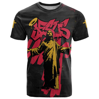 Jesus Graffiti Design T-Shirt Crowned Portrait and Urban Street Art Style in Red Yellow Black Theme Graphic Tee
