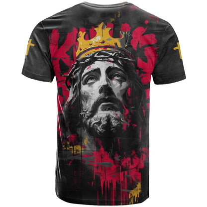 Jesus Graffiti Design T-Shirt Crowned Portrait and Urban Street Art Style in Red Yellow Black Theme Graphic Tee
