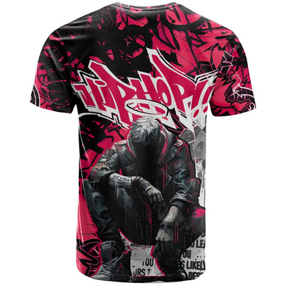 Hip Hop Graffiti Design T-Shirt Sitting Hooded Figure and Red Black Street Art Elements Graphic Tee