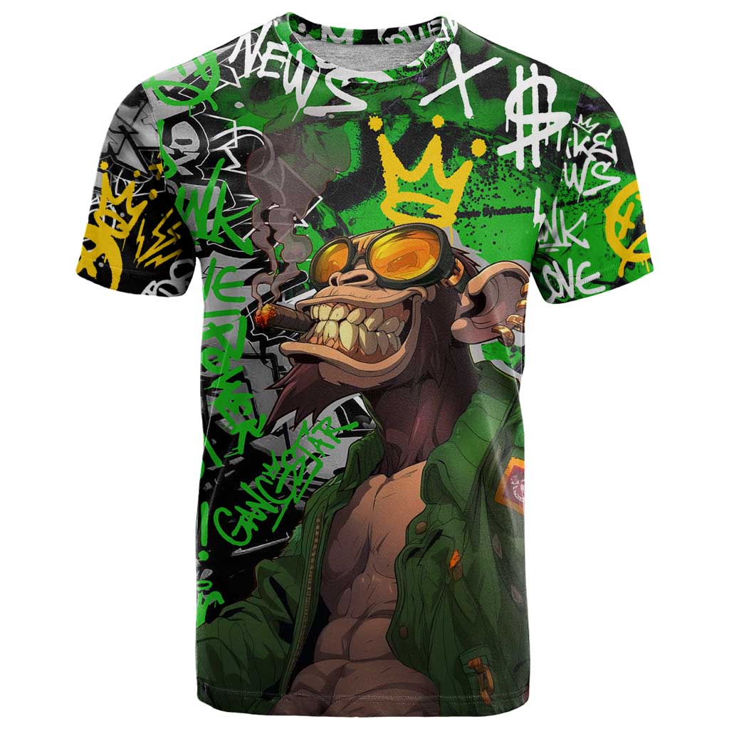 Graffiti Street Art T-Shirt Smoking Ape Character and Neon Crown Symbols in Green and Yellow Graphic Design Graphic Tee