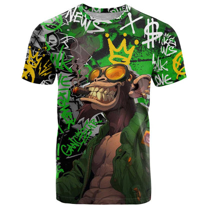 Graffiti Street Art T-Shirt Smoking Ape Character and Neon Crown Symbols in Green and Yellow Graphic Design Graphic Tee