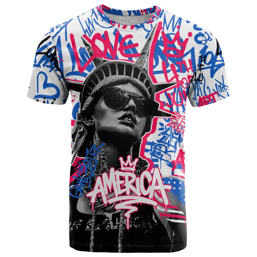 Statue of Liberty Graffiti Street Art T-Shirt America Text and 4th of July Theme in Red White and Blue Design Graphic Tee