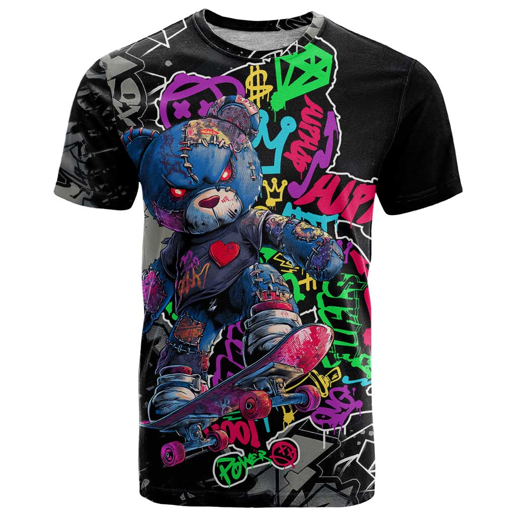 Teddy Bear Hip Hop Graffiti Street Art T-Shirt Crown Shades and Colorful Spray Paint Design Graphic Tee